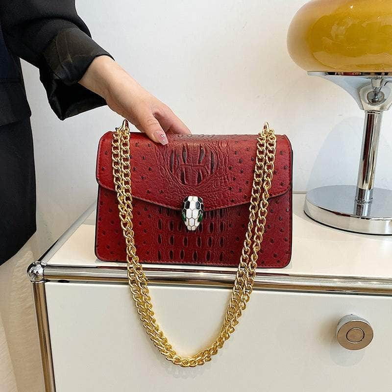 Classy Alligator Skin Bag with Gold Chain Strap Burgundy