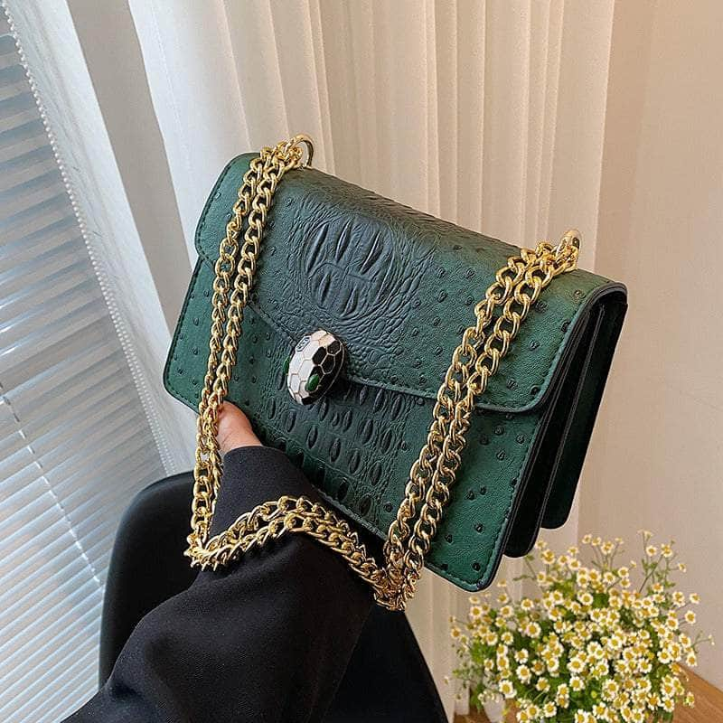 Classy Alligator Skin Bag with Gold Chain Strap Green