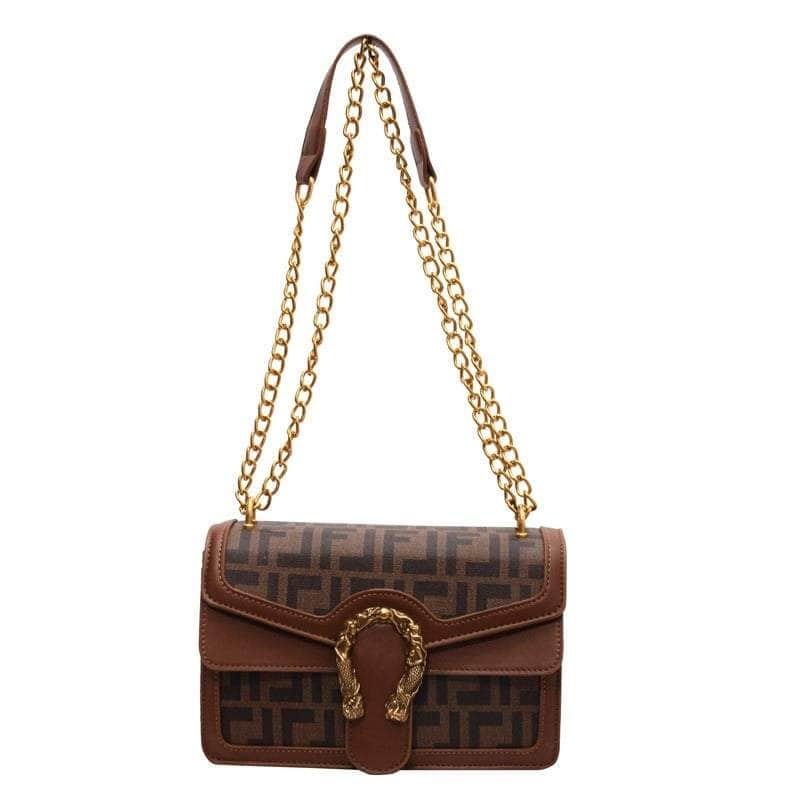 Classy Leather Bag with Double Chain Strap Brown