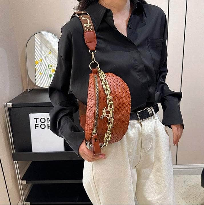 Classy Leather Weaving Fanny Pack with Wide Strap