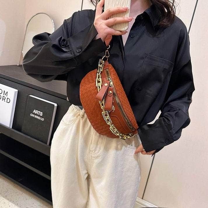 Classy Leather Weaving Fanny Pack with Wide Strap