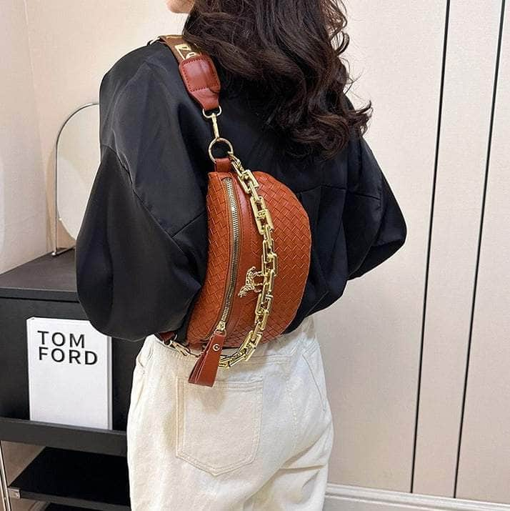 Classy Leather Weaving Fanny Pack with Wide Strap