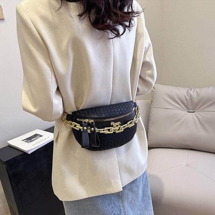 Classy Leather Weaving Fanny Pack with Wide Strap Black