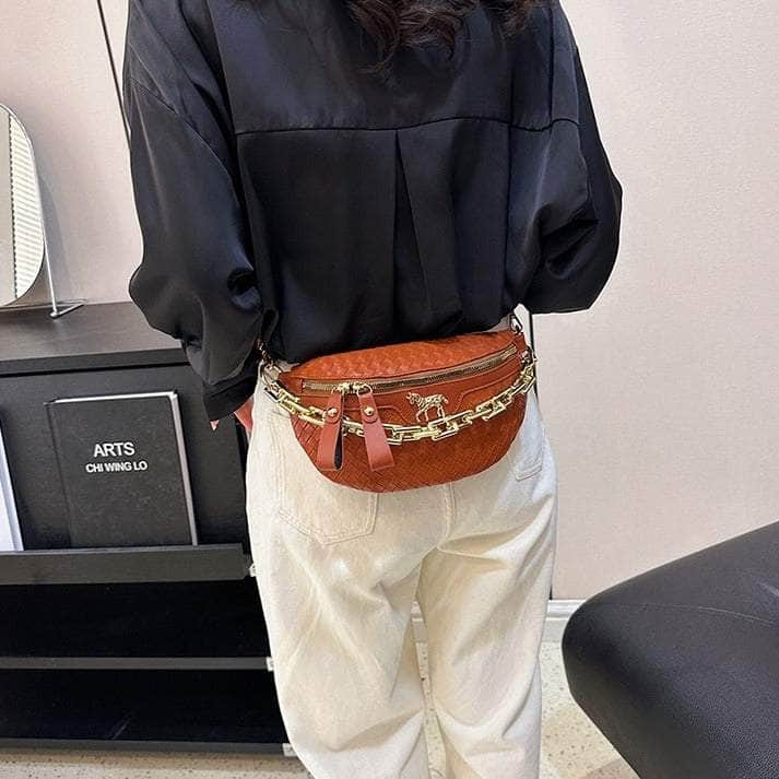 Classy Leather Weaving Fanny Pack with Wide Strap Brown