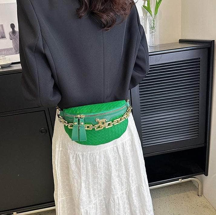 Classy Leather Weaving Fanny Pack with Wide Strap Green