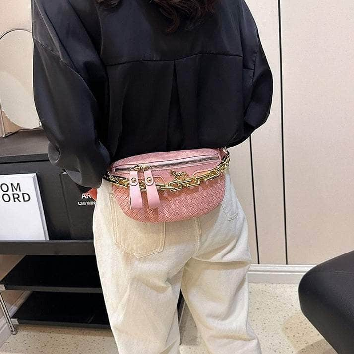 Classy Leather Weaving Fanny Pack with Wide Strap Pink