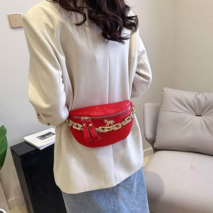 Classy Leather Weaving Fanny Pack with Wide Strap Red