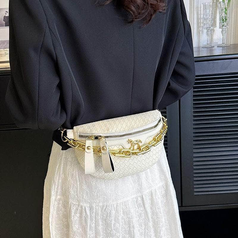 Classy Leather Weaving Fanny Pack with Wide Strap White