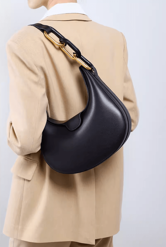 Classy Metallic-Accent Moon Leather Bag