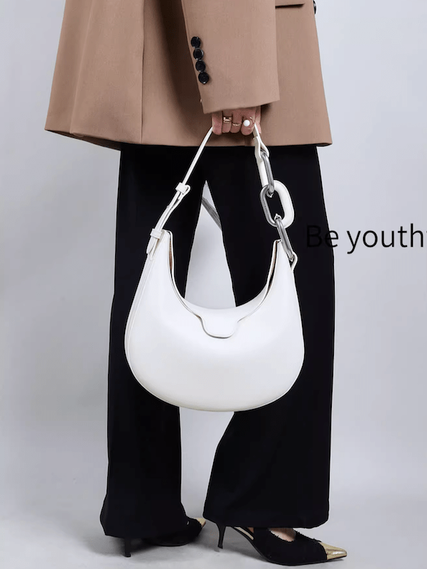 Classy Metallic-Accent Moon Leather Bag