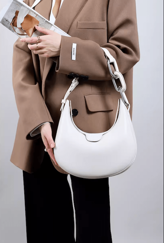 Classy Metallic-Accent Moon Leather Bag