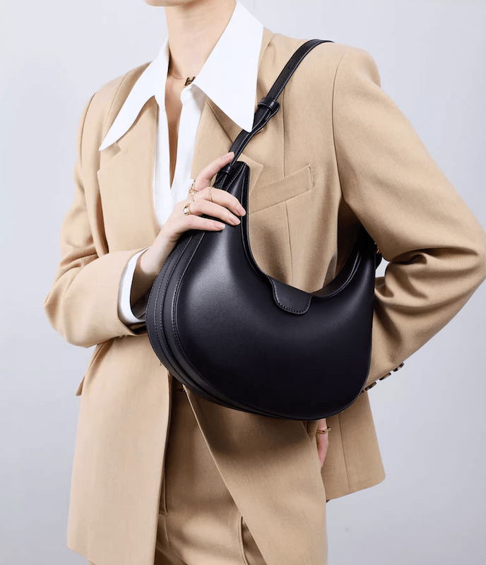 Classy Metallic-Accent Moon Leather Bag