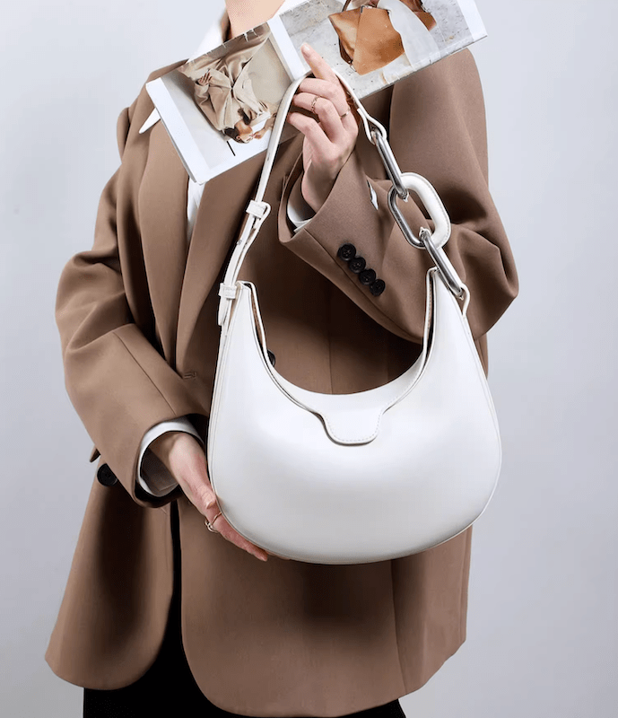 Classy Metallic-Accent Moon Leather Bag Ivory