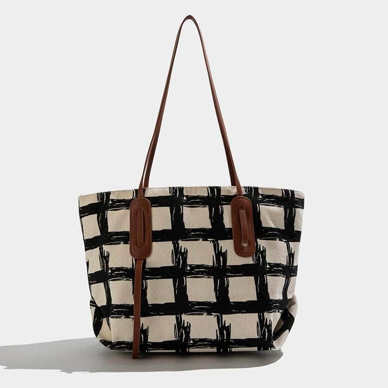 Classy Totes Plaid Pattern Shoulder Bag Beige