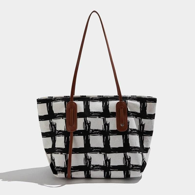 Classy Totes Plaid Pattern Shoulder Bag White