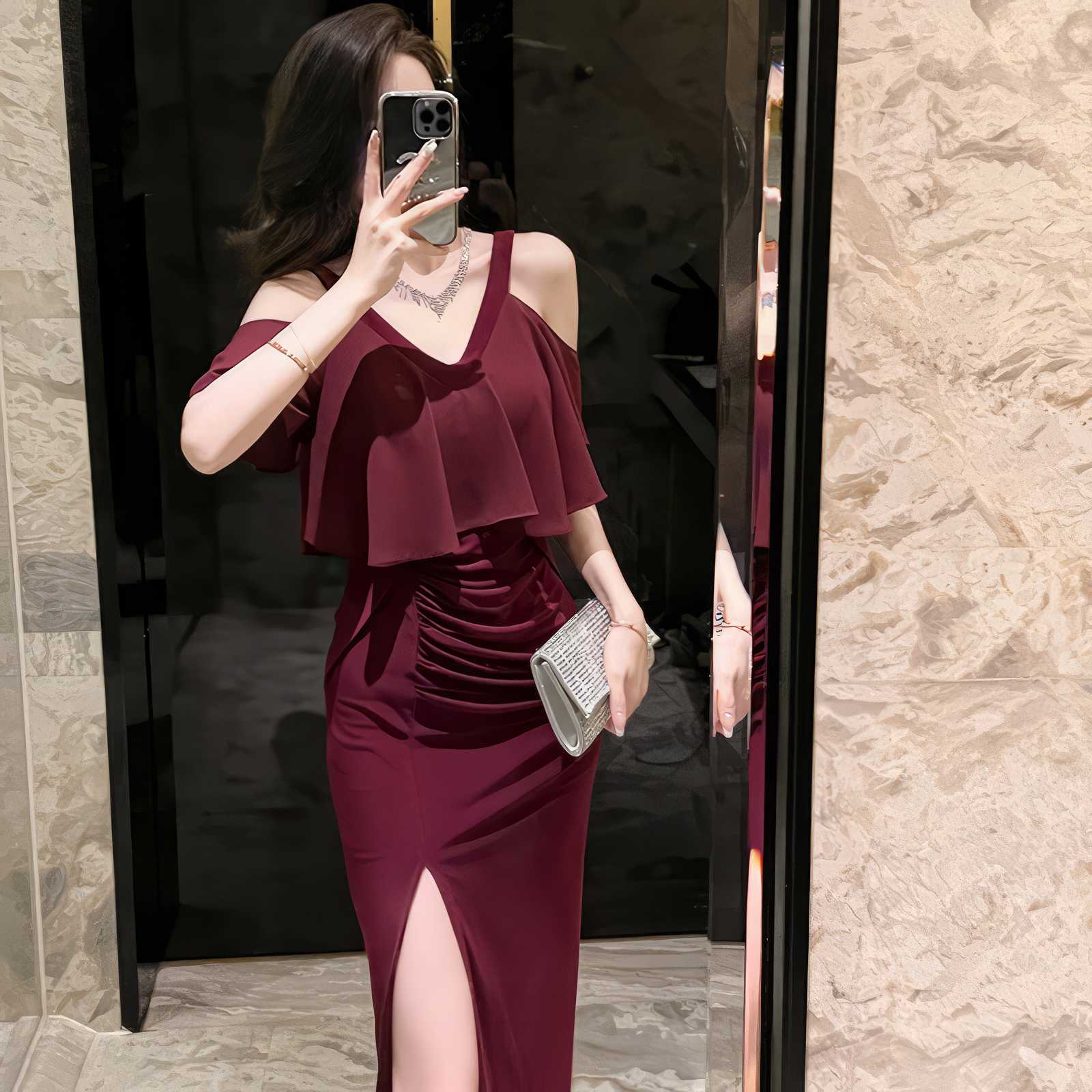 Cold Shoulder Ruffle Maxi Front Slit Dress