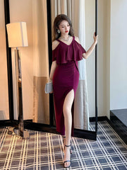 Cold Shoulder Ruffle Maxi Front Slit Dress