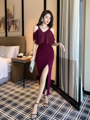 Cold Shoulder Ruffle Maxi Front Slit Dress S / Maroon