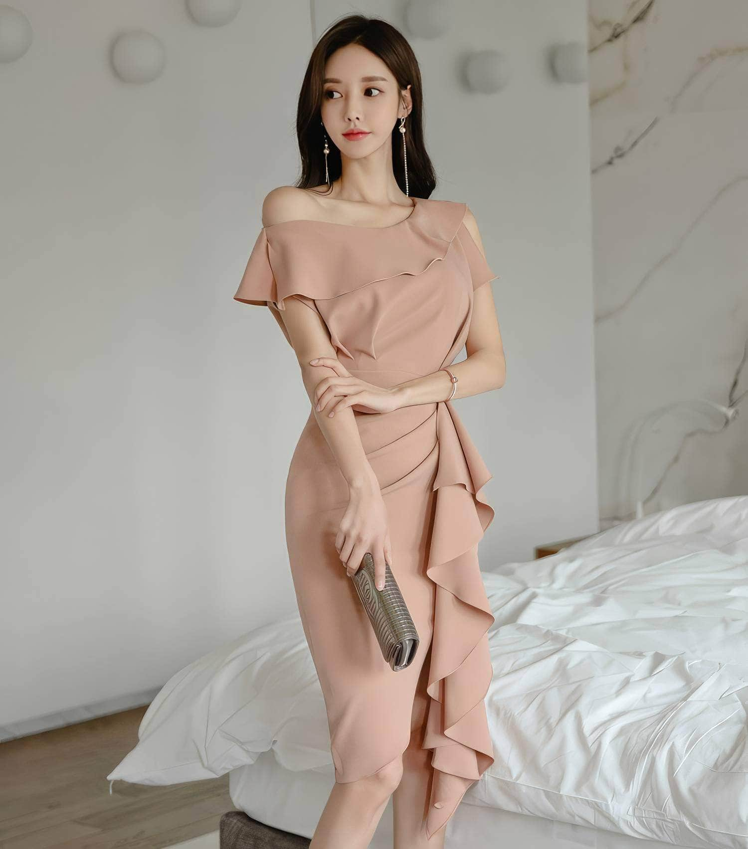 Cold Shoulder Side Ruffle High Slit Dress