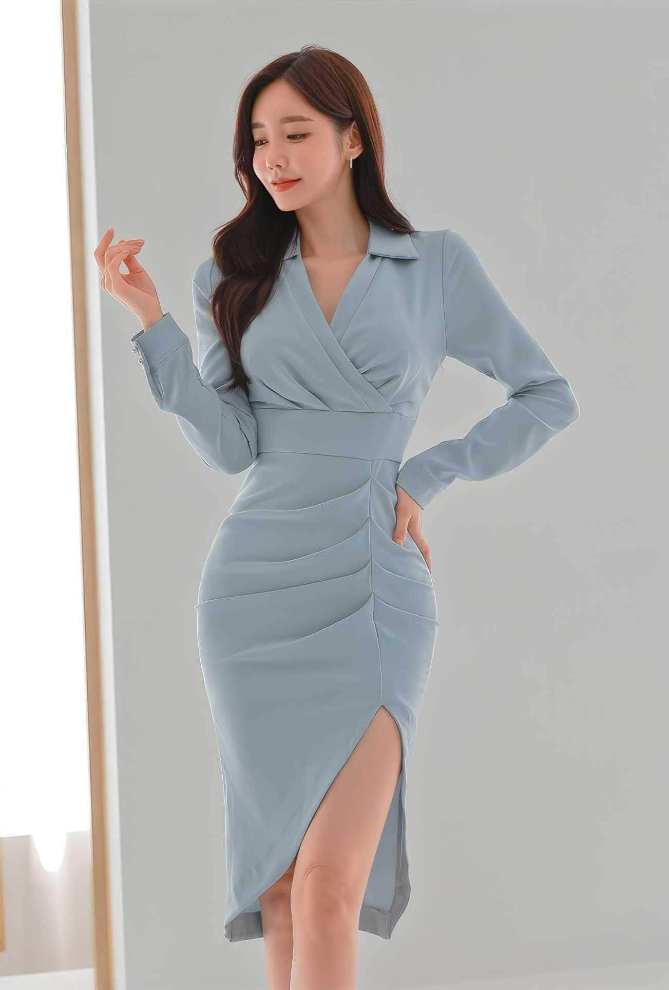 Collar Neck Pleated High Waist Dress