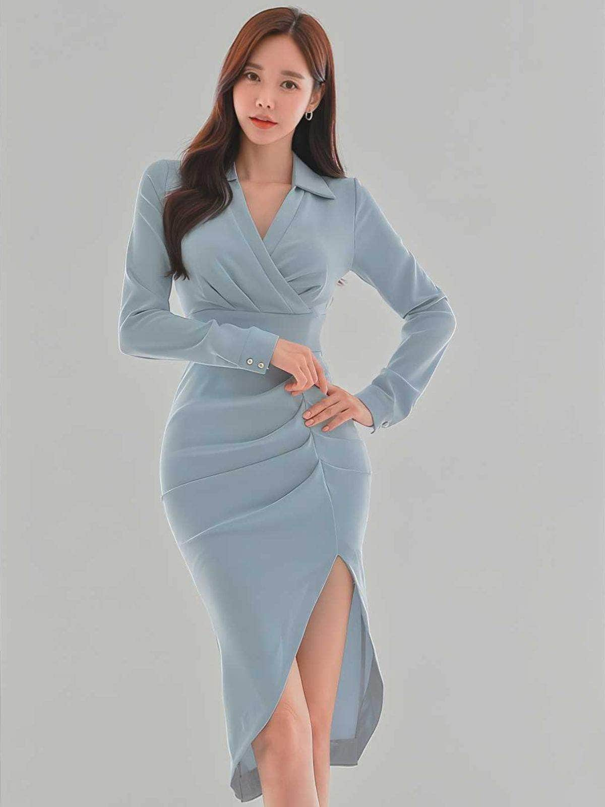 Collar Neck Pleated High Waist Dress S / LightBlue