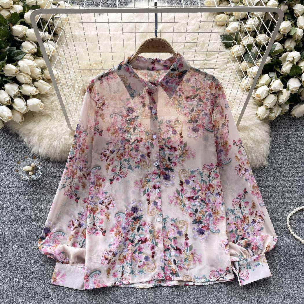 Collared Buttoned Down Lantern Sleeves Floral Shirt