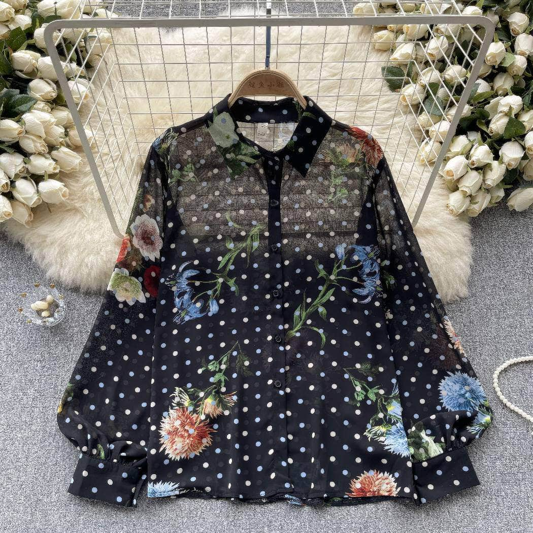 Collared Buttoned Down Lantern Sleeves Floral Shirt