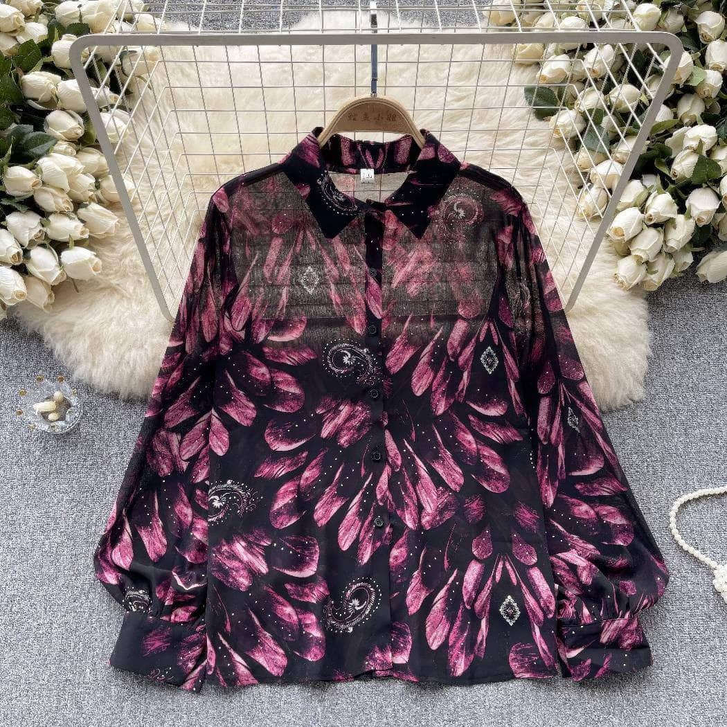 Collared Buttoned Down Lantern Sleeves Floral Shirt