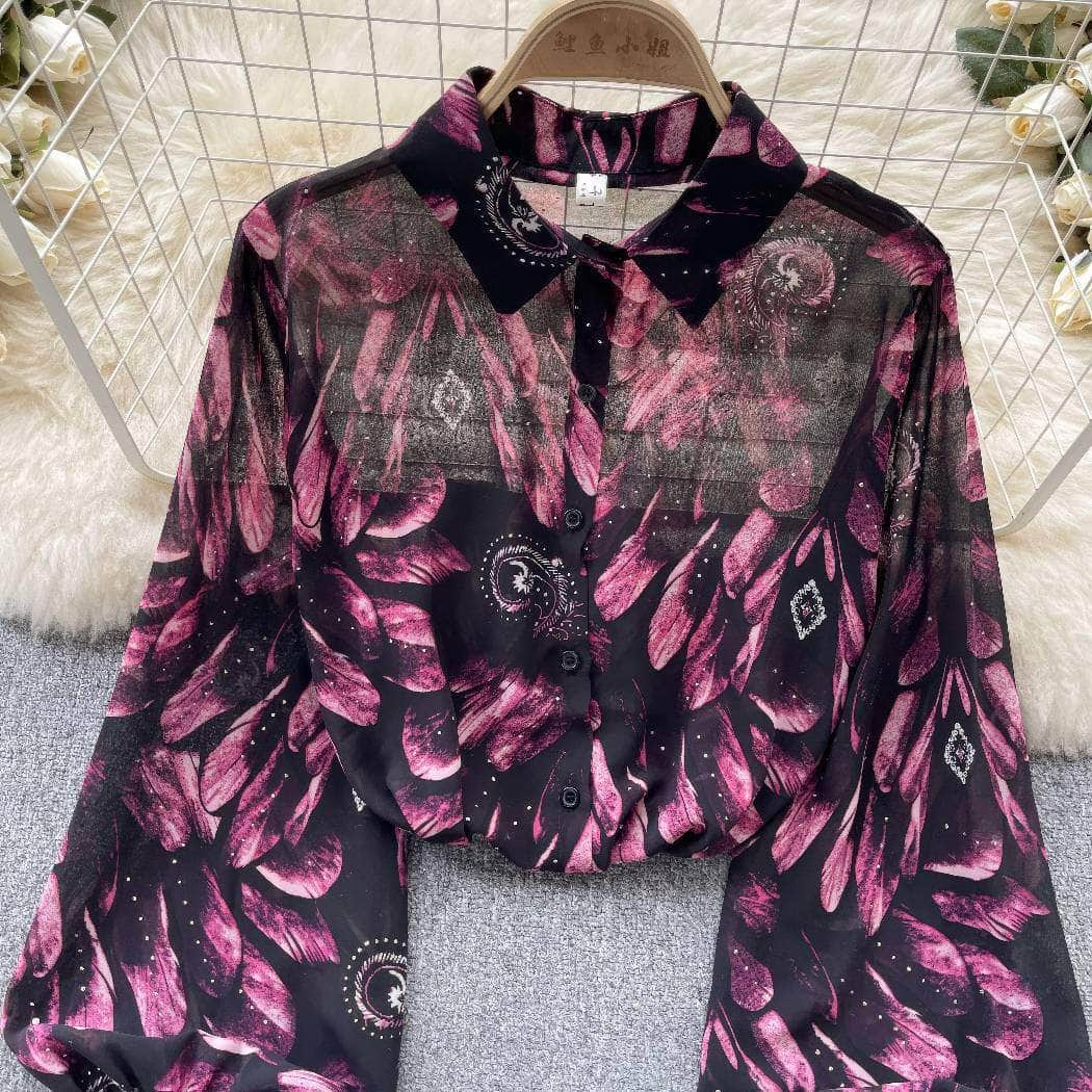 Collared Buttoned Down Lantern Sleeves Floral Shirt