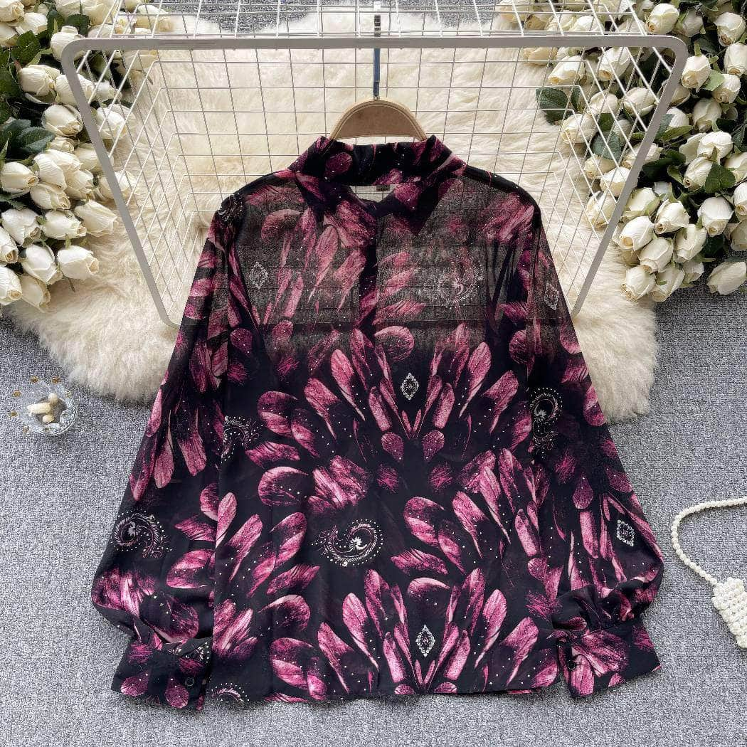 Collared Buttoned Down Lantern Sleeves Floral Shirt