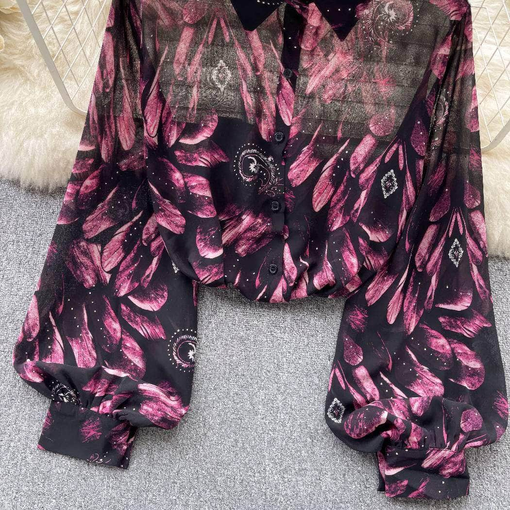 Collared Buttoned Down Lantern Sleeves Floral Shirt