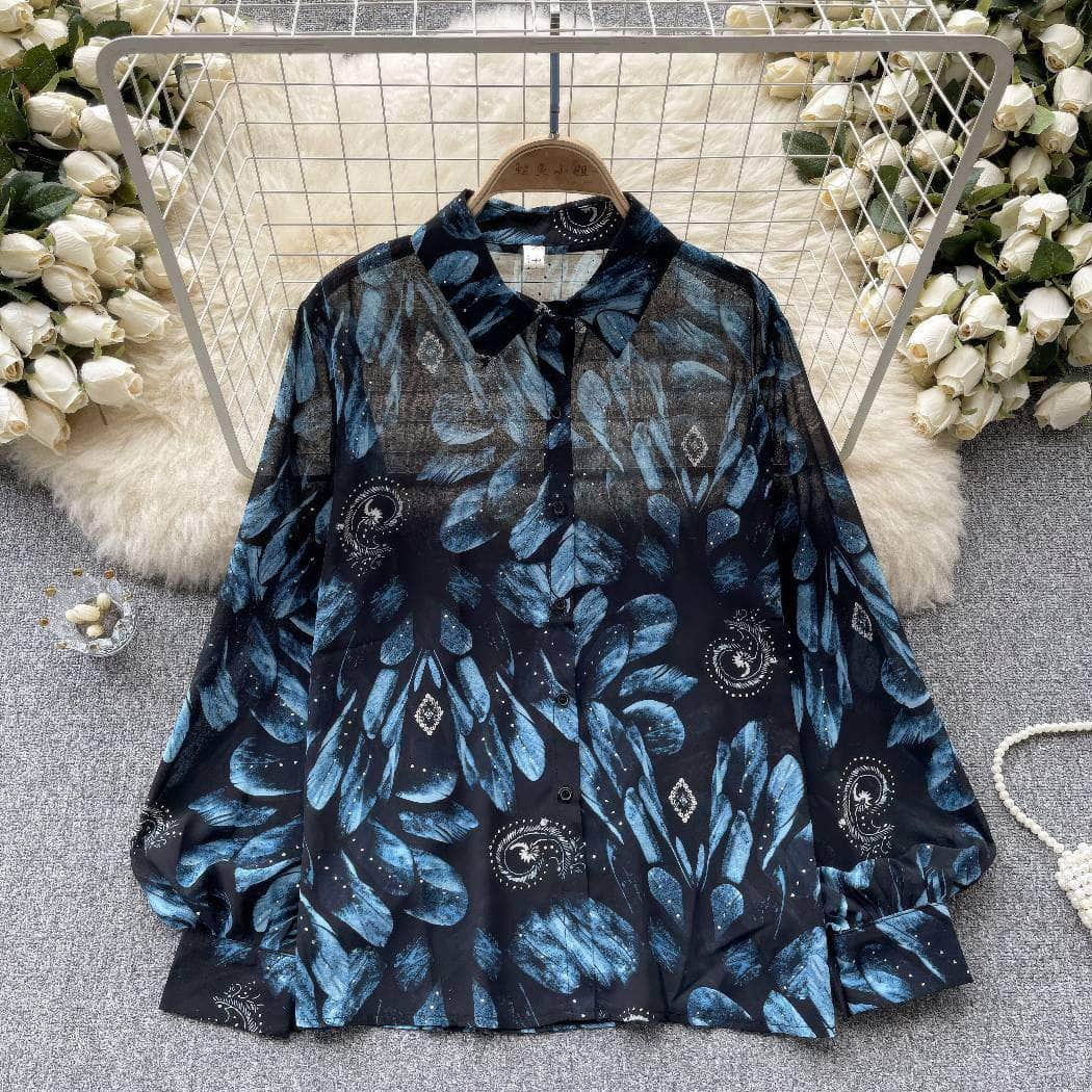 Collared Buttoned Down Lantern Sleeves Floral Shirt