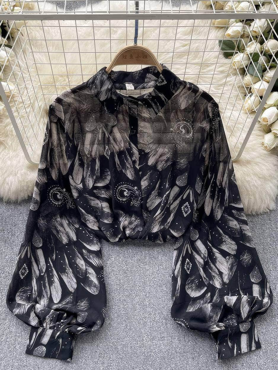 Collared Buttoned Down Lantern Sleeves Floral Shirt MAX SIZE / Monochrome Lace Allure