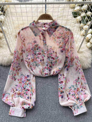 Collared Buttoned Down Lantern Sleeves Floral Shirt MAX SIZE / Tropical Bloom Paradise