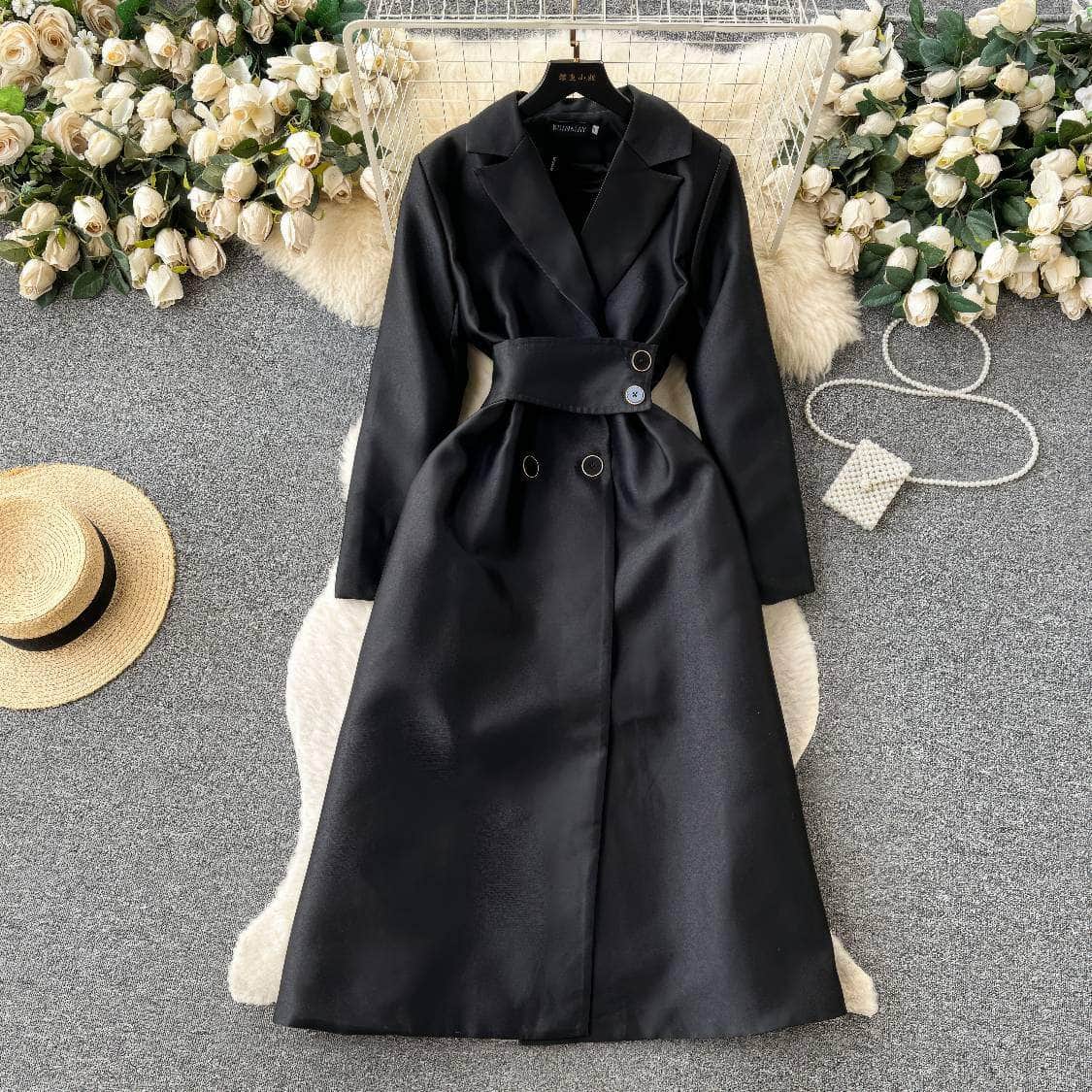 Collared Double-Breasted Midi A-line Blazer Dress S / Black / With Belt