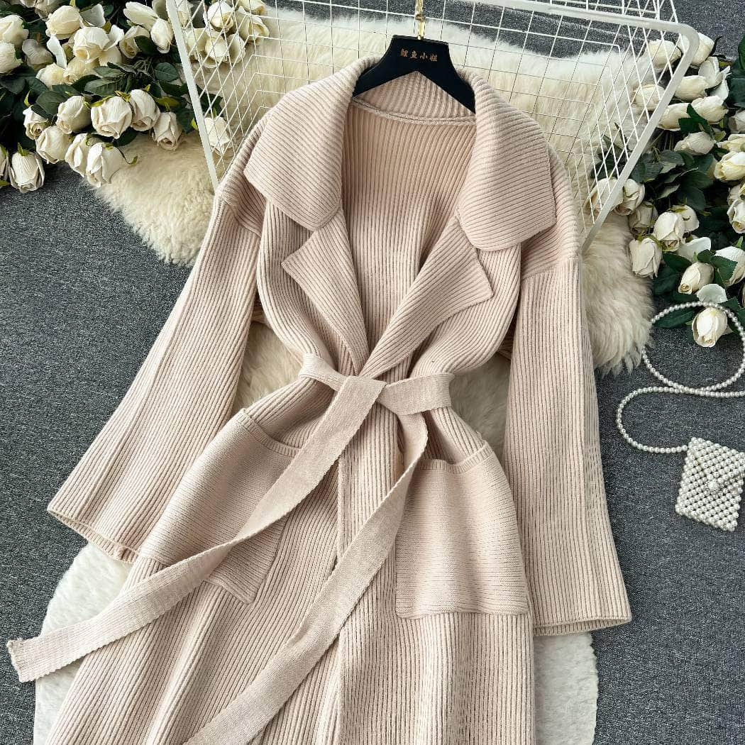 Collared Knitted Robe Wrap Dress