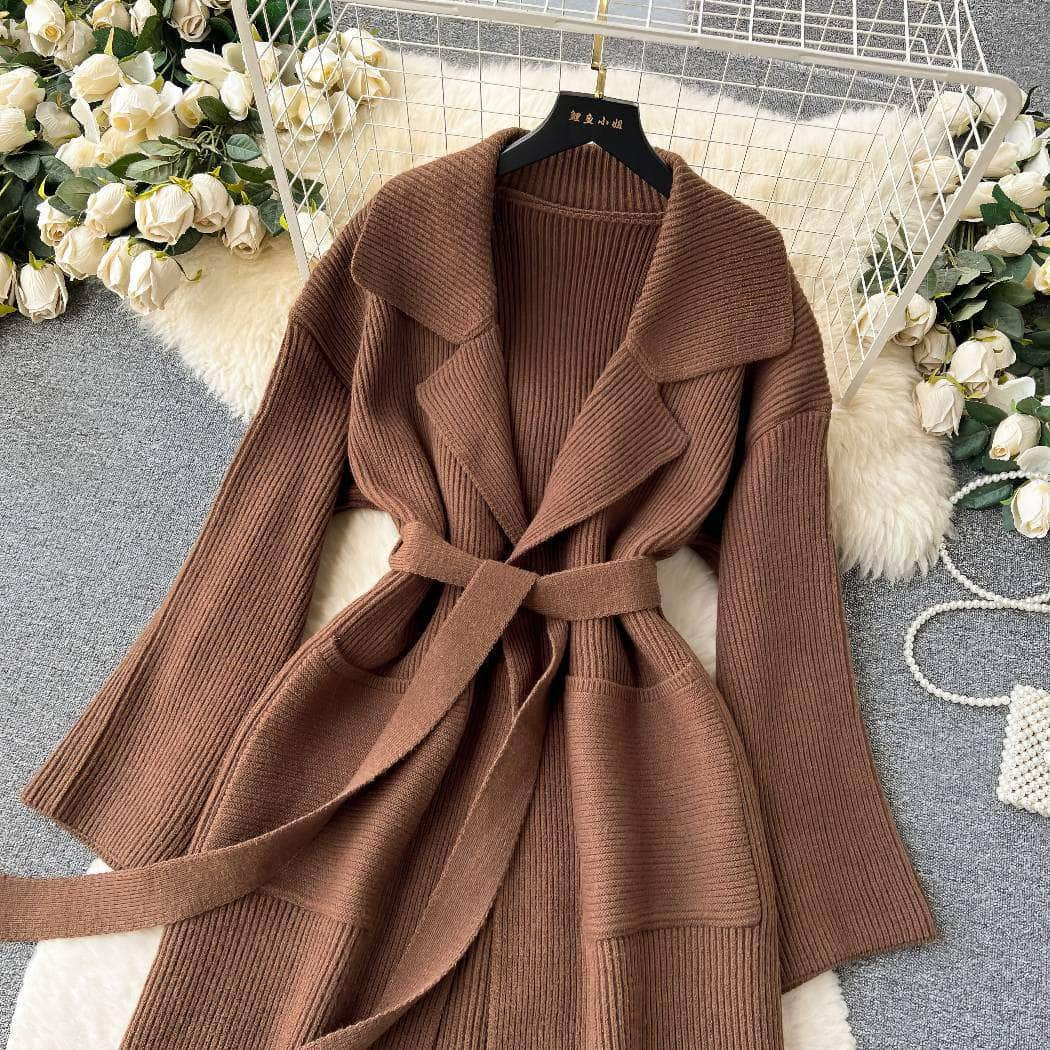 Collared Knitted Robe Wrap Dress