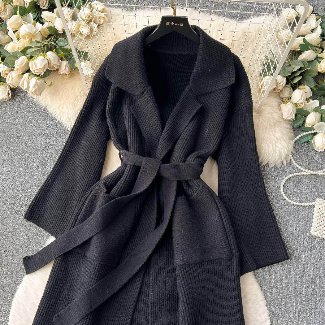 Collared Knitted Robe Wrap Dress