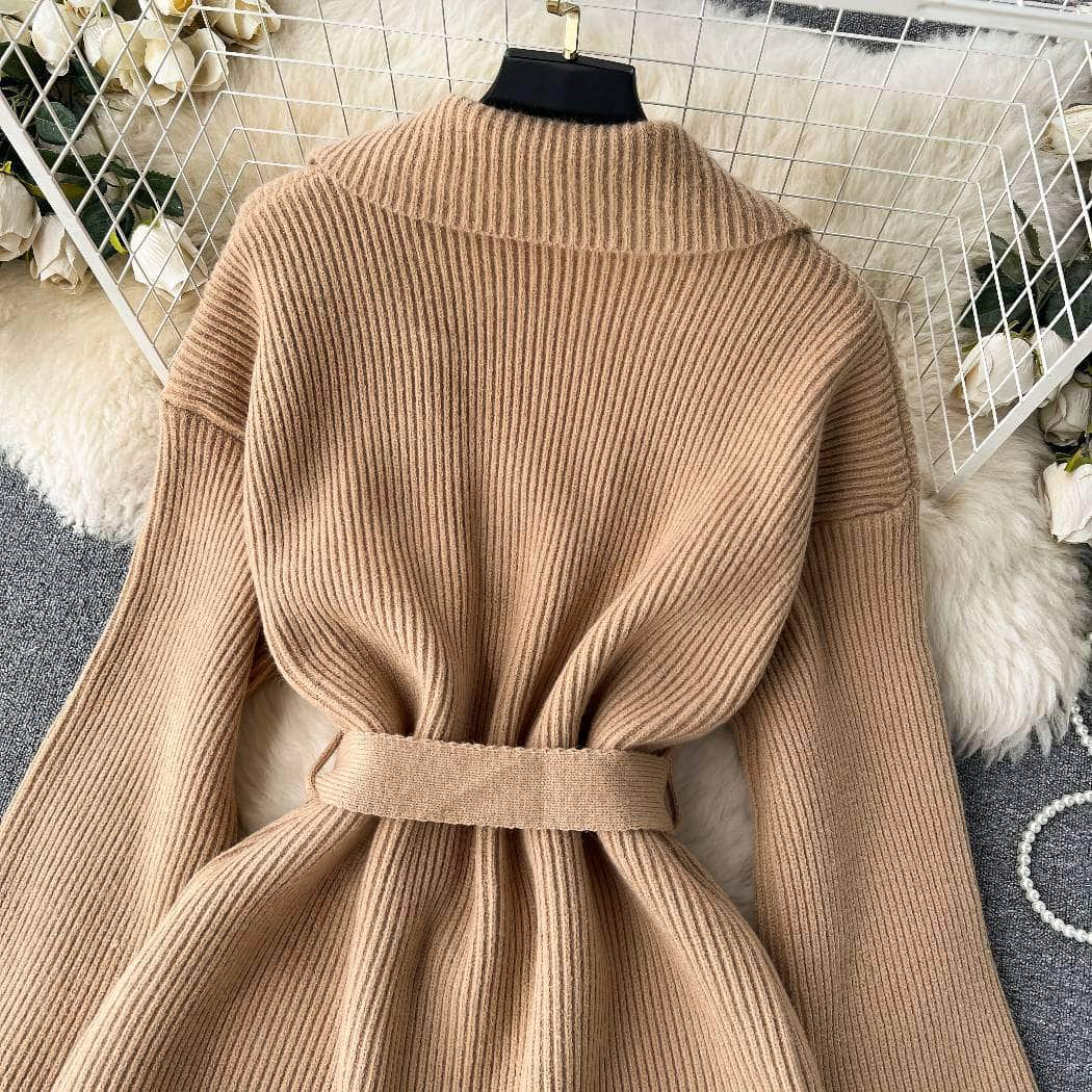 Collared Knitted Robe Wrap Dress