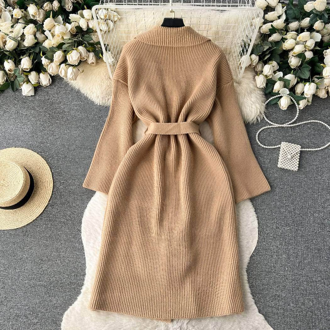 Collared Knitted Robe Wrap Dress