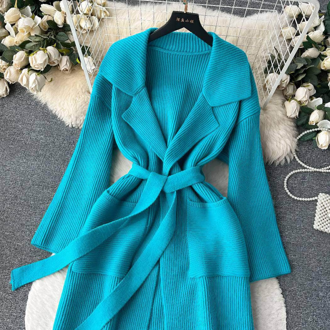 Collared Knitted Robe Wrap Dress