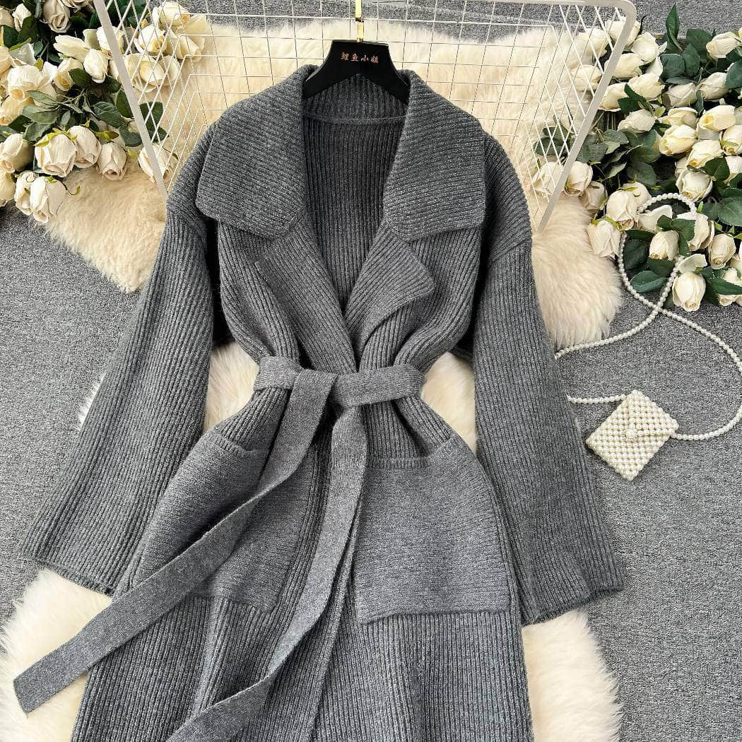 Collared Knitted Robe Wrap Dress