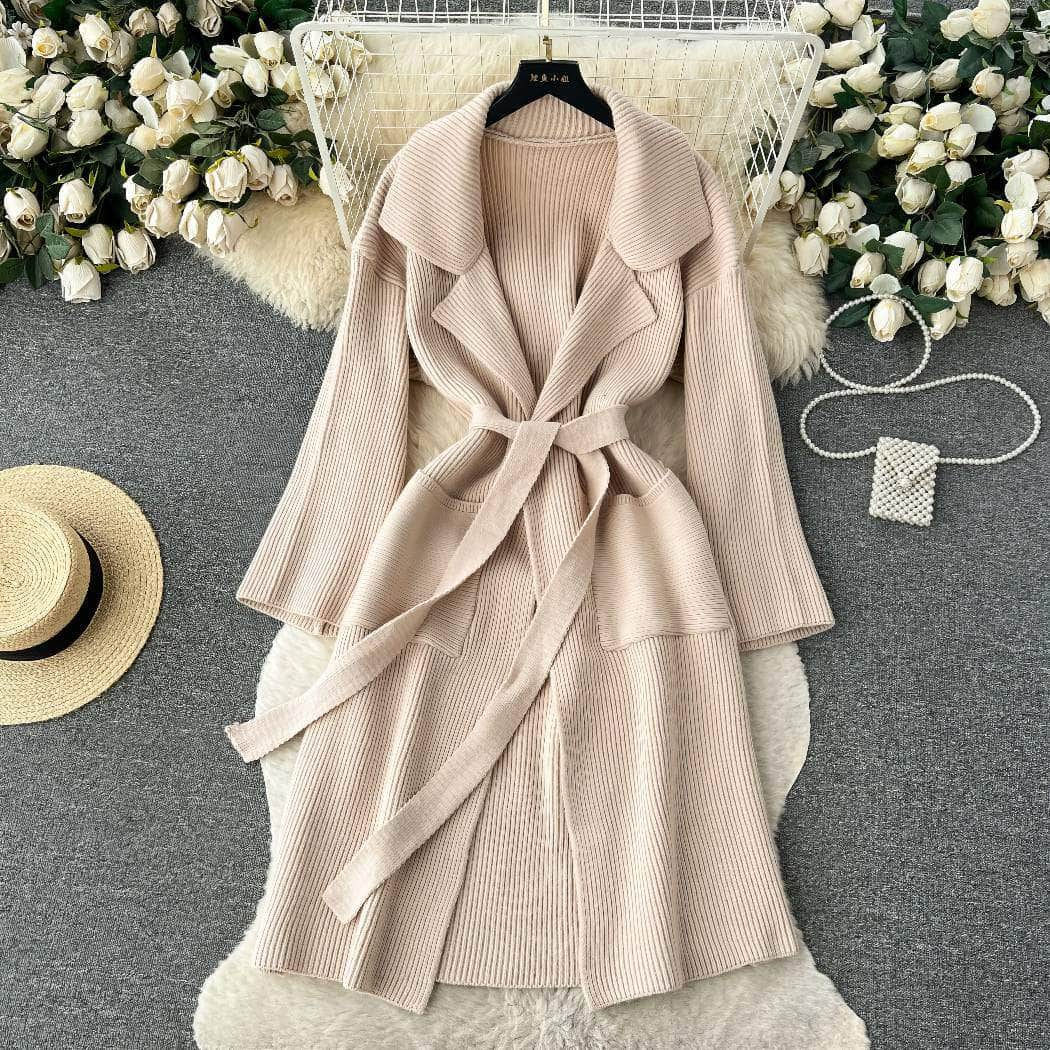 Collared Knitted Robe Wrap Dress MAX SIZE / Beige / With Belt