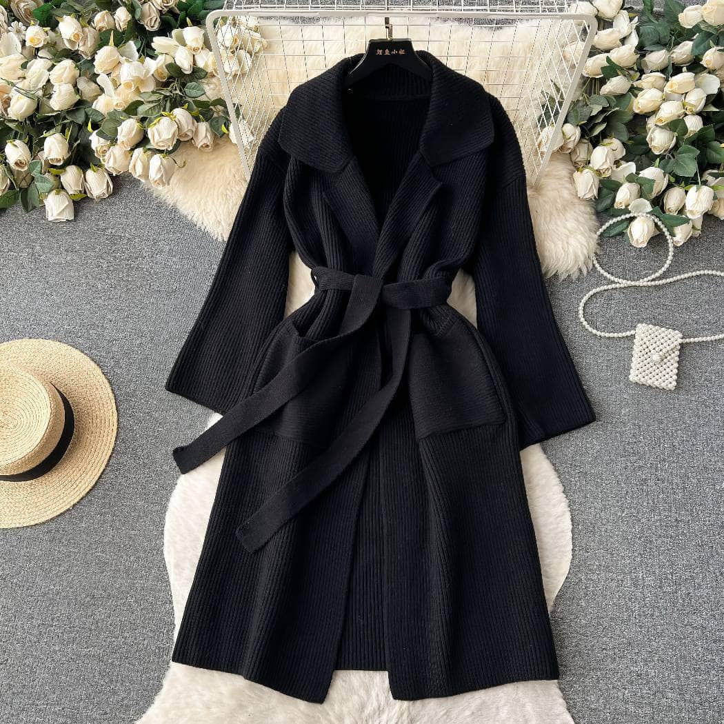 Collared Knitted Robe Wrap Dress MAX SIZE / Black / With Belt