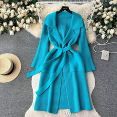 Collared Knitted Robe Wrap Dress MAX SIZE / DeepSkyBlue / With Belt