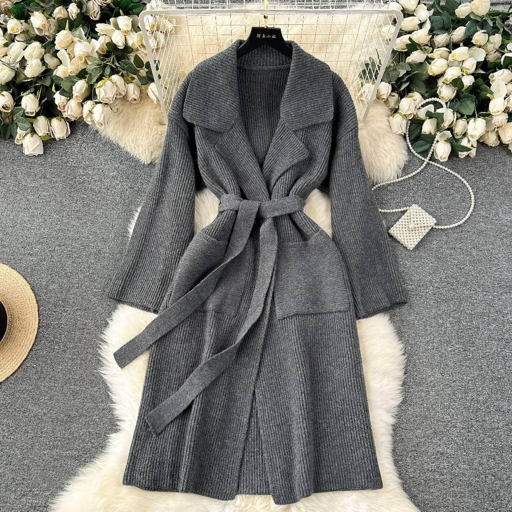 Collared Knitted Robe Wrap Dress MAX SIZE / DimGray / With Belt