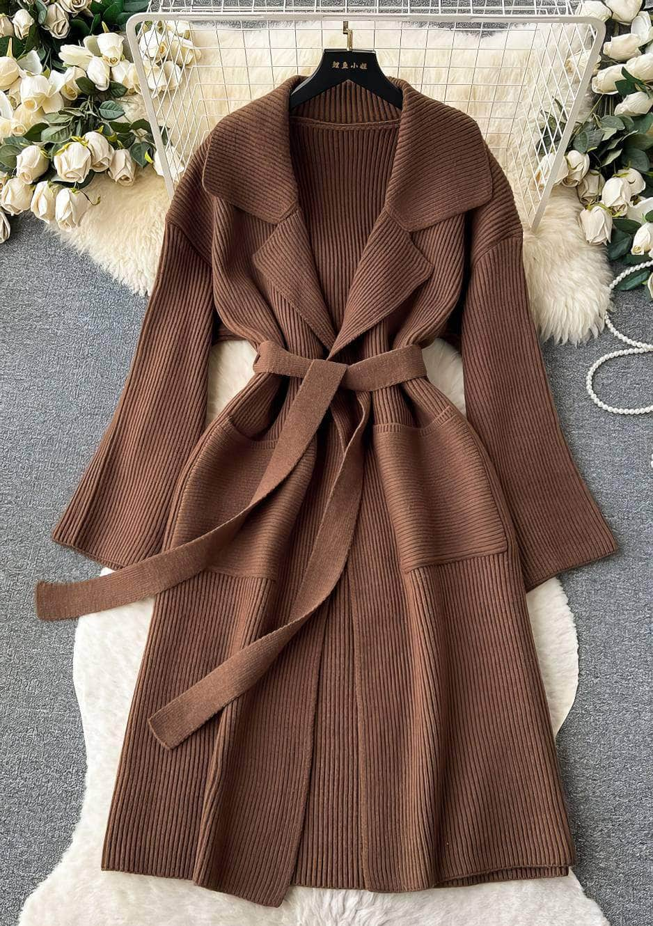 Collared Knitted Robe Wrap Dress MAX SIZE / SaddleBrown / With Belt