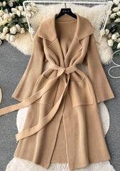 Collared Knitted Robe Wrap Dress MAX SIZE / Tan / With Belt