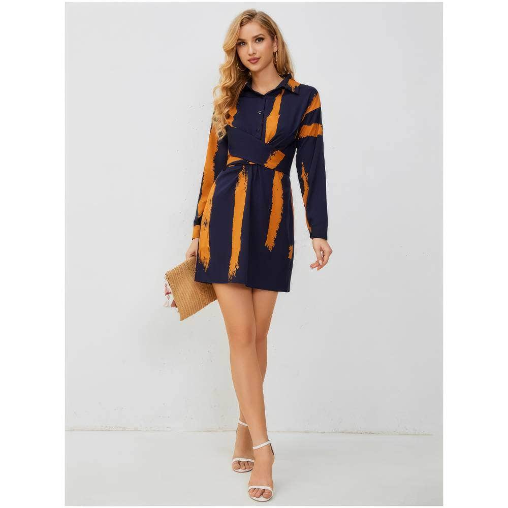 Collared Long Sleeves Two-Tone Criss Cross Dress