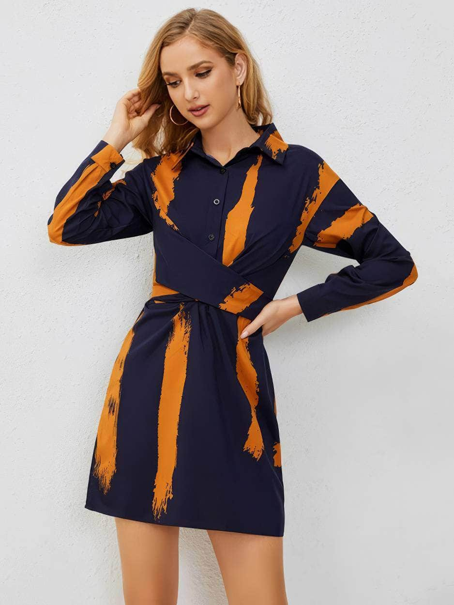 Collared Long Sleeves Two-Tone Criss Cross Dress S / Navy